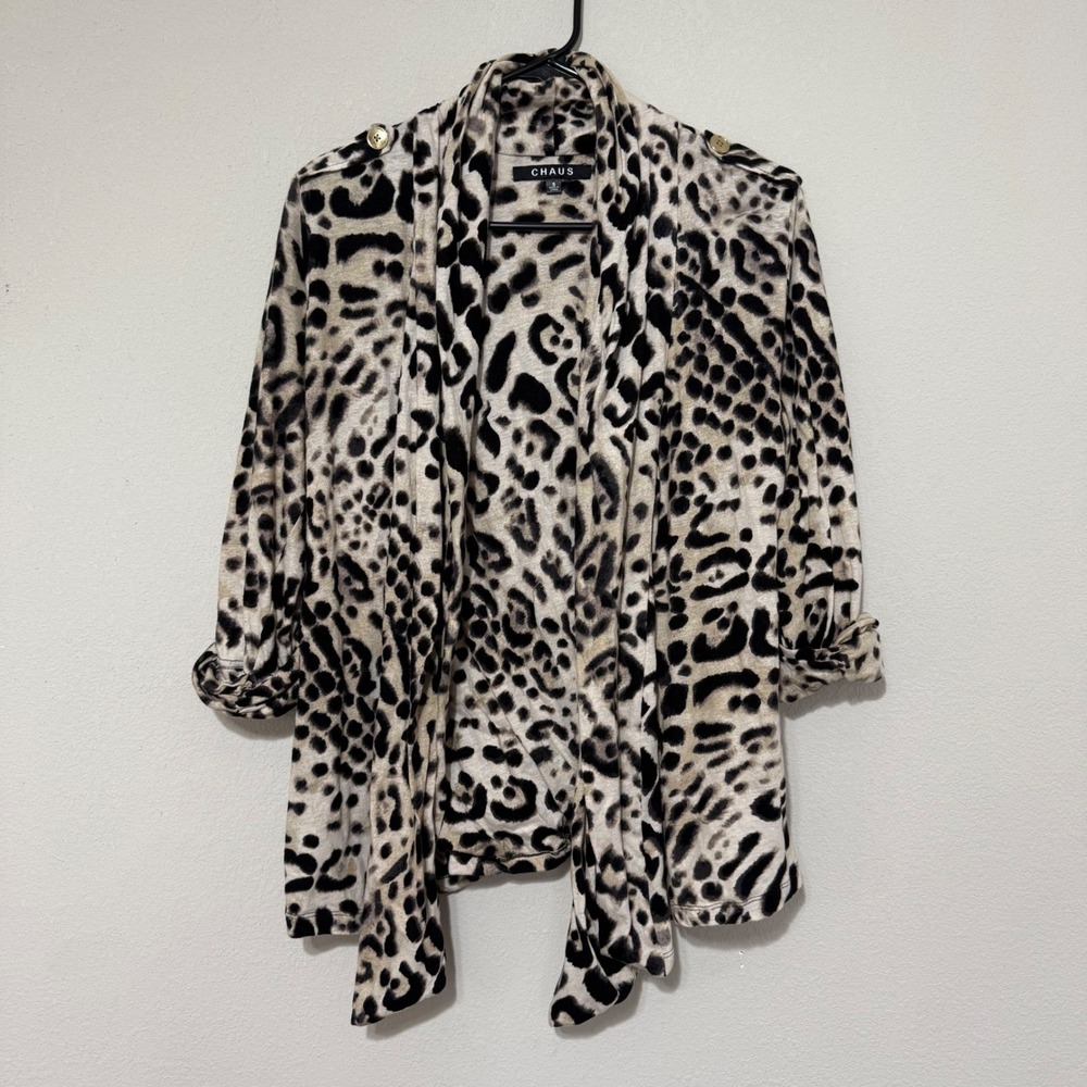 Chaus Cardigan Womens Small Tan Leopard Print Linen Blend Draped Open Front